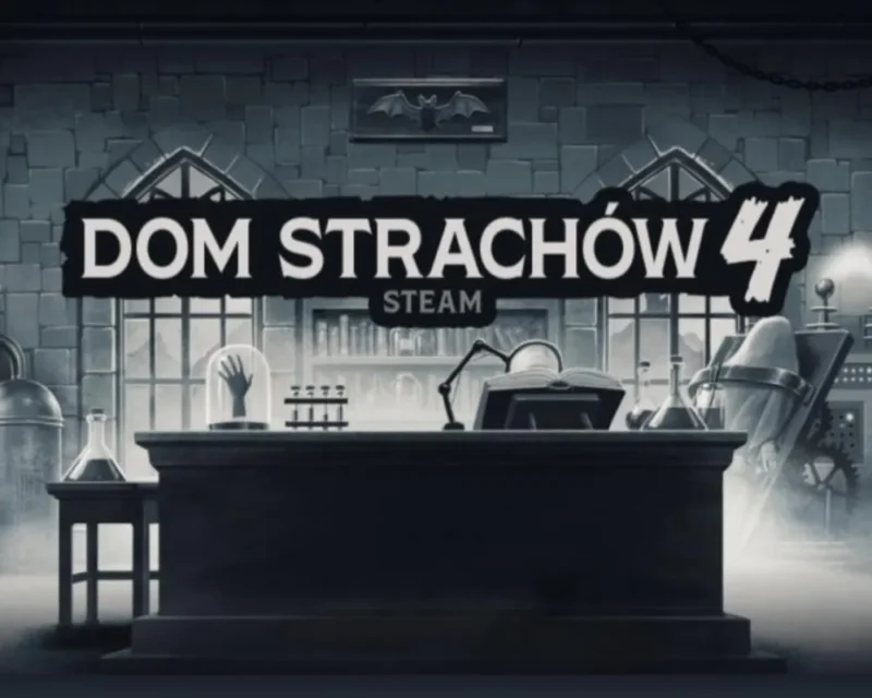 Ilustracja promocyjna Steam Dom Strachów 4: scenografia w stylu laboratorium grozy, z wielkim biurkiem pełnym kolb, probówek i książek, a w tle widać salę tortur ze straszliwą maszyną i postacią na krześle. Na górze napis 'Dom Strachów 4 Steam' z nietoperzem nad nim. Utrzymane w klimacie czarno-białej grozy w stylu retro horrorów.