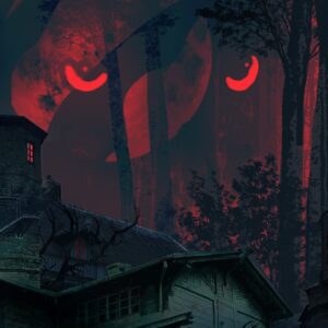 grafika promocyjna Werewolf: the Apocalypse – Heart of the Forest, na której widzimy czerwone, wilcze oczy wyłaniające się na tle drzew oraz nocnego, czerwonego nieba z księżycem w pełni, pod którym widać dachy domów