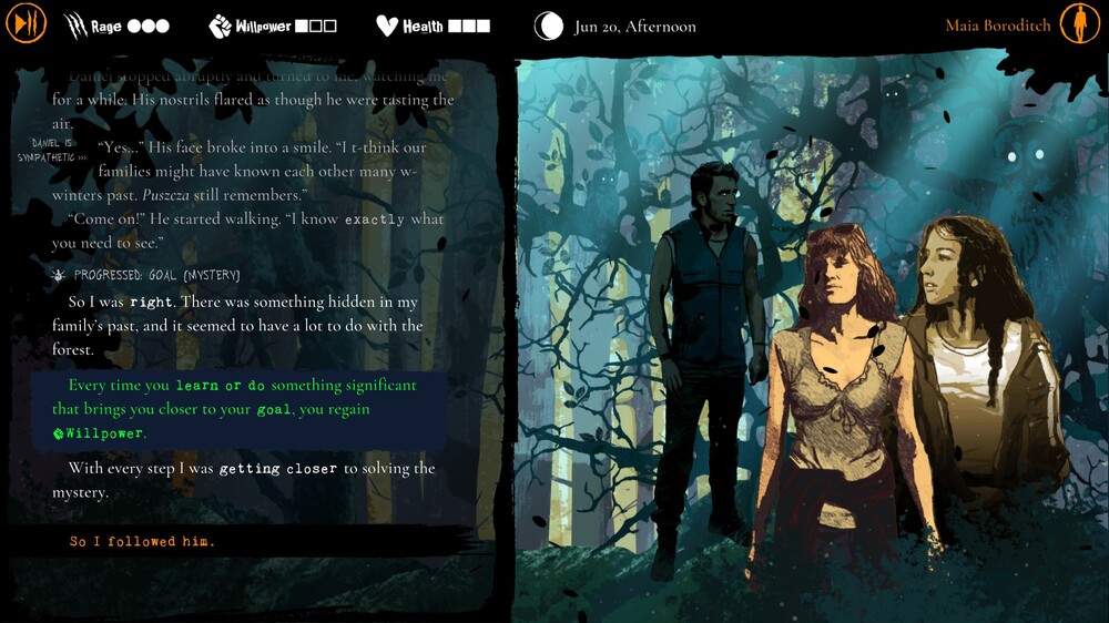 na obrazku widać dwie bohaterki Werewolf: the Apocalypse – Heart of the Forest, są ustawione frontem do kamery, stojąc w gęstym lesie w snopie światła, za nimi stoi przyciemniony mężczyzna, na gałęziach widzimy kilka sów z białymi oczami