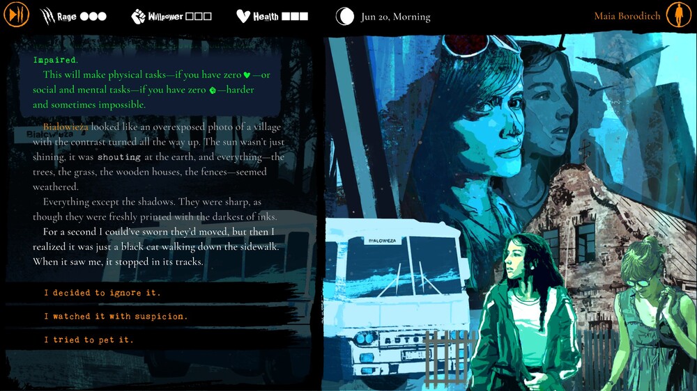 na zdjęciu z rozgrywki Werewolf: the Apocalypse – Heart of the Forest widzimy dwie bohaterki stojące frontem do kamery, za nimi stoi stary budynek gospodarczy ogrodzony prostym płotem, z boku widać autobus z napisem Białowieża, a na niebie w tle powiększone twarze bohaterek w błękitnych barwach