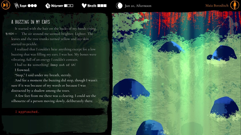 zdjęcie z Werewolf: the Apocalypse – Heart of the Forest ukazuje nam zieloną polanę na tle ciemnych drzew i czerwonego nieba, na polanie jest krąg pięciu kamieni po środku którego w trawie jest słabo widoczny obrys głowy wilka