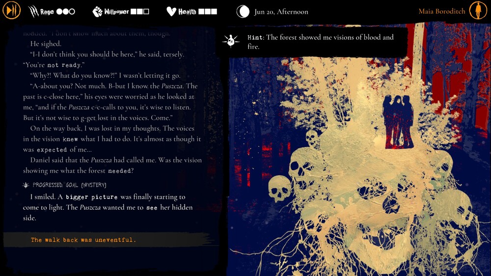 obrazek z Werewolf: the Apocalypse – Heart of the Forest, na którym artystyczny, całkowicie w kremowym kolorze wizerunek czaszek porośniętych korzeniami, z czubków czaszek wyrastają drzewa i krzewy, na czaszkach przed wyrastającymi drzewami stoją ciemne sylwetki trzech osób zwróconych ku sobie, w tle widać ciemno granatową sylwetkę lasu i czerwone niebo