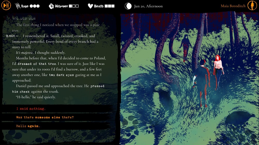 na zdjęciu z gry Werewolf: the Apocalypse – Heart of the Forest widzimy gęstą, zieloną trawę z ciemniejszymi kępami, które układają się w kształt wilczej głowy o pustych oczach, z trawy wyrasta kilka powyginanych drzew między którymi stoją trzy osoby