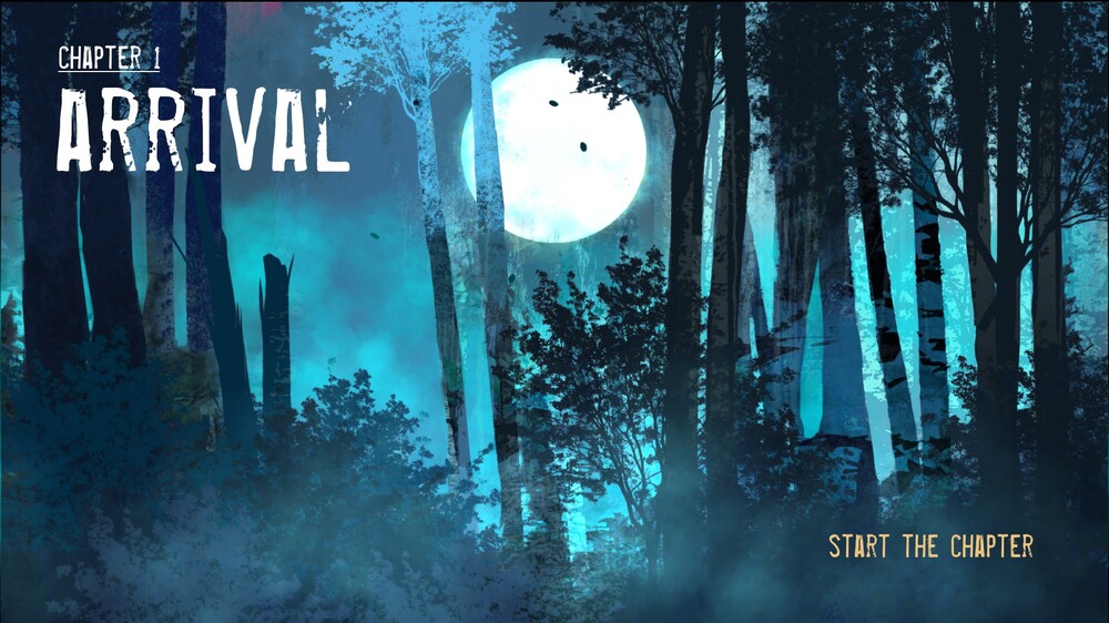 obrazek przedstawia ekran tytułowy nowego rozdziału w Werewolf: the Apocalypse – Heart of the Forest, ukazujący lekko zamglony las na tle nocnego nieba z jasnym księżycem w pełni, wszystko jest przedstawione w różnych odcieniach błękitu
