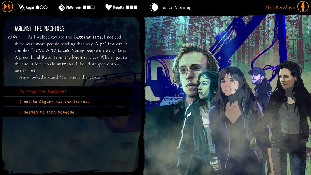 na obrazku widzimy grupę bohaterów z Werewolf: the Apocalypse – Heart of the Forest, trójka postaci kobiecych jest najbliżej, są zwrócone frontem do kamery, za nimi widać mężczyznę w czapce, z lewej strony powiększony portret młodego chłopaka, w tle widać kształt harwestera w barwie ciemnego granatu oraz sylwetki drzew na tle jasnoniebieskiego nieba
