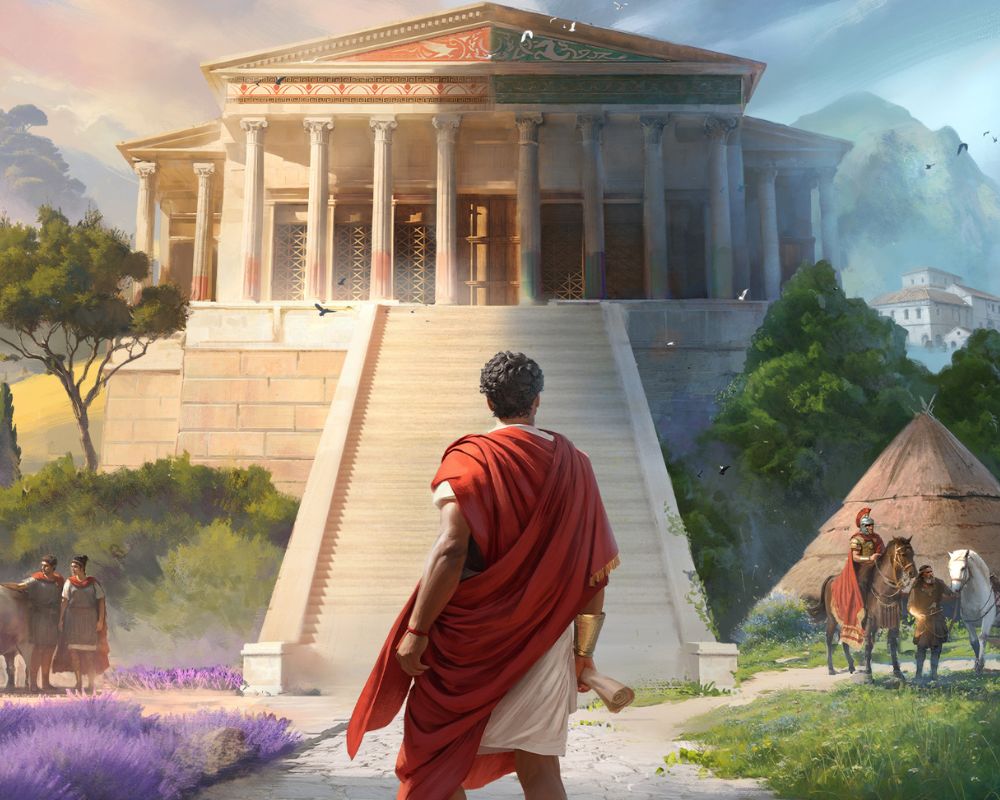 grafika promująca grę Anno 117: Pax Romana, widzimy mężczyznę w biało-czerwonych szatach stojącego tyłem do kamery, stoi przed schodami do wielkiego pałacu z kolumnami i zielenią dookoła, po bokach widać sylwetki ludzi, zapewne mieszkańców osady