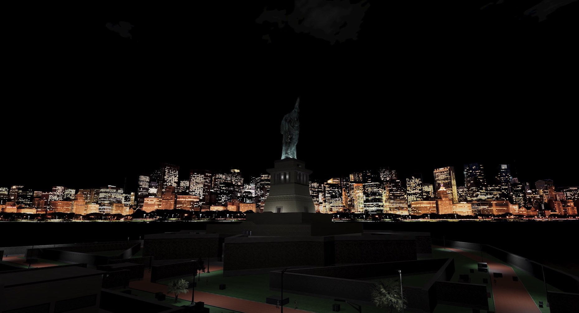 Zniszczona statua wolności na tle nocnej panoramy Nowego Jorku