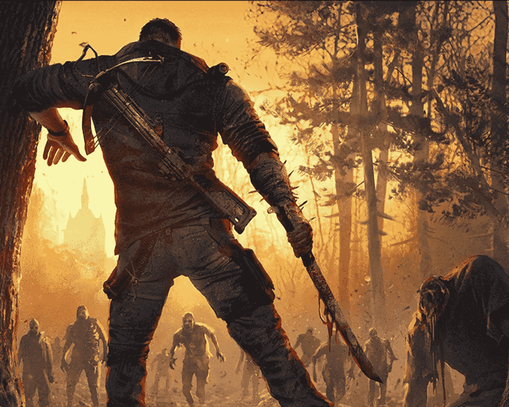 Postać widziana od tyłu stoi w lesie skąpanym w pomarańczowym świetle zachodzącego słońca. Mężczyzna trzyma zakrwawioną maczetę, a na plecach ma zawieszony kuszę. Przed nim, wśród drzew, zbliża się grupa zainfekowanych humanoidalnych stworzeń. Jeden z potworów czai się po prawej stronie kadru, pochylony i poraniony. Cała scena utrzymana jest w dynamicznym, napiętym klimacie charakterystycznym dla gry Dying Light: The Beast.