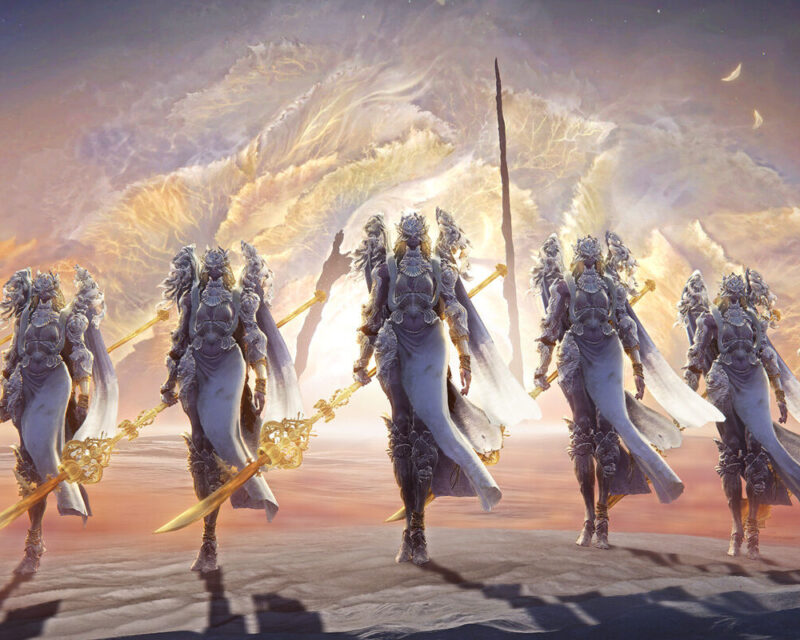 Obrazek przedstawia epicką, fantastyczną scenę, związaną z Elden Ring Nightreign, z pięcioma niemal identycznymi, humanoidalnymi postaciami w zbrojach. Wojownicy ci, przypominający anioły lub potężnych rycerzy, odziani są w lśniącą, srebrną zbroję ze skrzydlatymi elementami na plecach i długimi, białymi szatami powiewającymi w niewidzialnym wietrze, a każdy z nich dzierży imponującą, złotą broń drzewcową. Stoją oni na surowym, piaszczystym lub skalistym podłożu, rzucając długie cienie w ciepłym, dramatycznym świetle. Tło jest zdominowane przez monumentalny, burzliwy krajobraz: w oddali rozciąga się gigantyczna, poszarpana formacja, skąpana w intensywnym, złoto-pomarańczowym blasku, przypominająca magiczną chmurę, potężny płonący byt lub kosmiczny fenomen, a w centrum wznosi się samotna, ciemna kolumna, podczas gdy w prawym górnym rogu majaczą dwa blade ciała niebieskie. Scena emanuje podniosłym, tajemniczym i epickim nastrojem, sugerującym straż, oczekiwanie na bitwę lub obserwację jakiegoś doniosłego wydarzenia.