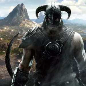 Bohater Skyrim na tle górskiego krajobrazu