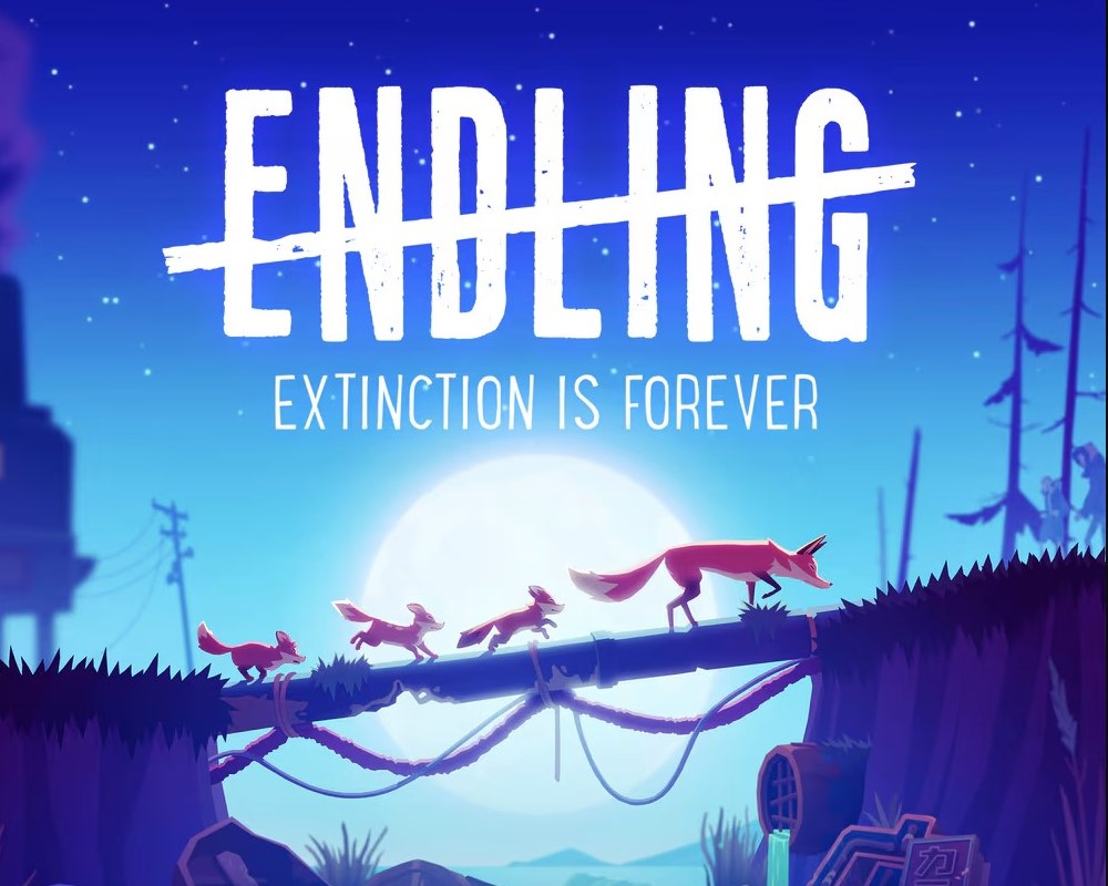 Lisica prowadzi grupkę szczeniąt przez prowizoryczny most. W tle widać zanieczyszczenia pozostawione przez człowieka; recenzja Endling – Extinction is Forever