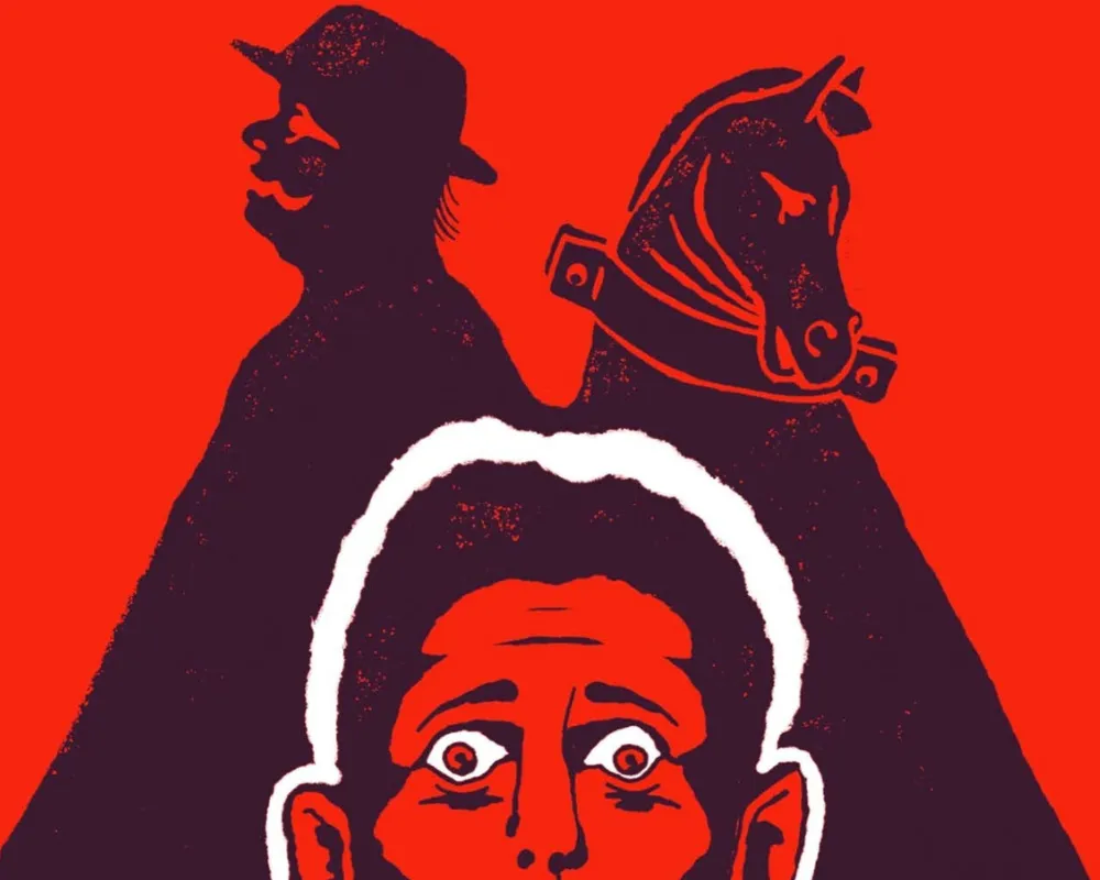 Grafika promocyjna horroru HORSES przedstawiająca przestraszoną postać na czerwonym tle oraz mroczne sylwetki człowieka i konia sugerujące niepokojący klimat gry.