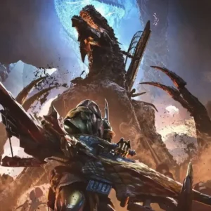 Na ilustracji z gry „Monster Hunter Wilds” widać łowcę w ciężkim, kolczastym pancerzu, celującego ogromną bronią w potężnego potwora wynurzającego się z ziemi. W tle unoszą się tumany kurzu i odłamki skał, a sceneria przypomina skalistą pustynię rozdartą przez siły natury.