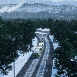 Obraz przedstawia zimowy, śnieżny krajobraz z perspektywy lotu ptaka, z pociągiem towarowym jadącym po torach wijących się przez gęsty, ośnieżony las. Pociąg o zielono-żółtych wagonach porusza się po dwutorowej linii kolejowej. W tle widoczne są góry, a za nimi, w oddali, można dostrzec budynki przemysłowe z dwoma kominami emitującymi parę lub dym. Po prawej stronie, nad lasem, wznosi się duży, łukowy most kolejowy lub drogowy. Całość utrzymana jest w chłodnej palecie barw, typowej dla zimowej scenerii, z przewagą bieli śniegu i ciemnej zieleni drzew iglastych.