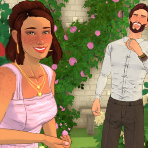 Na obrazku widoczna jest dwójka uśmiechniętych dorosłych osób w ogrodowym otoczeniu. Kobieta po lewej stronie ma brązowe włosy upięte z tyłu, piegi na twarzy, i jest ubrana w jasnoróżową sukienkę na ramiączkach, z widocznymi naszyjnikami z zawieszkami w kształcie serca. Patrzy prosto przed siebie z szerokim uśmiechem. Mężczyzna po prawej stronie ma ciemne, krótkie włosy i brodę. Ubrany jest w białą koszulę z długimi rękawami zapiętą pod szyją oraz ciemnobrązowe spodnie. Jest odchylony do tyłu z szeroko otwartymi ustami, wyglądając, jakby się głośno śmiał, a jedną dłoń trzyma przy piersi. Tło stanowi mur z cegieł porośnięty pnącymi, zielonymi roślinami z licznymi różowymi i kilkoma czerwonymi kwiatami róży. Scena jest jasna i utrzymana w pastelowej kolorystyce.