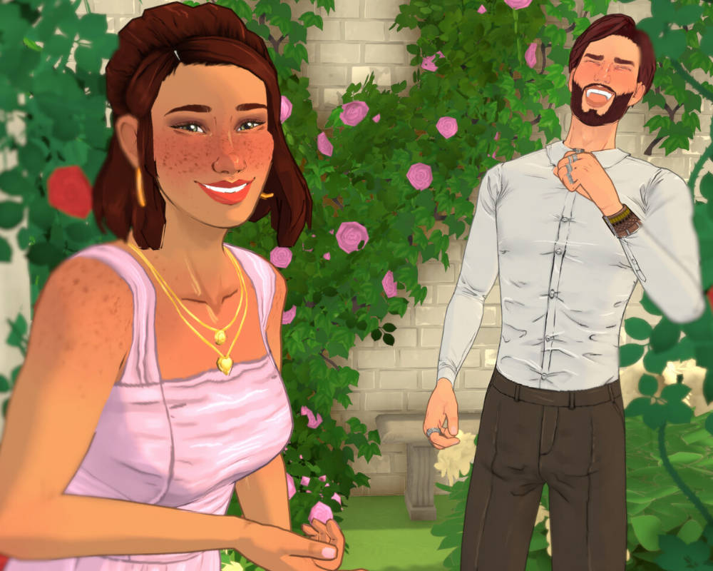 Na obrazku widoczna jest dwójka uśmiechniętych dorosłych osób w ogrodowym otoczeniu. Kobieta po lewej stronie ma brązowe włosy upięte z tyłu, piegi na twarzy, i jest ubrana w jasnoróżową sukienkę na ramiączkach, z widocznymi naszyjnikami z zawieszkami w kształcie serca. Patrzy prosto przed siebie z szerokim uśmiechem. Mężczyzna po prawej stronie ma ciemne, krótkie włosy i brodę. Ubrany jest w białą koszulę z długimi rękawami zapiętą pod szyją oraz ciemnobrązowe spodnie. Jest odchylony do tyłu z szeroko otwartymi ustami, wyglądając, jakby się głośno śmiał, a jedną dłoń trzyma przy piersi. Tło stanowi mur z cegieł porośnięty pnącymi, zielonymi roślinami z licznymi różowymi i kilkoma czerwonymi kwiatami róży. Scena jest jasna i utrzymana w pastelowej kolorystyce.