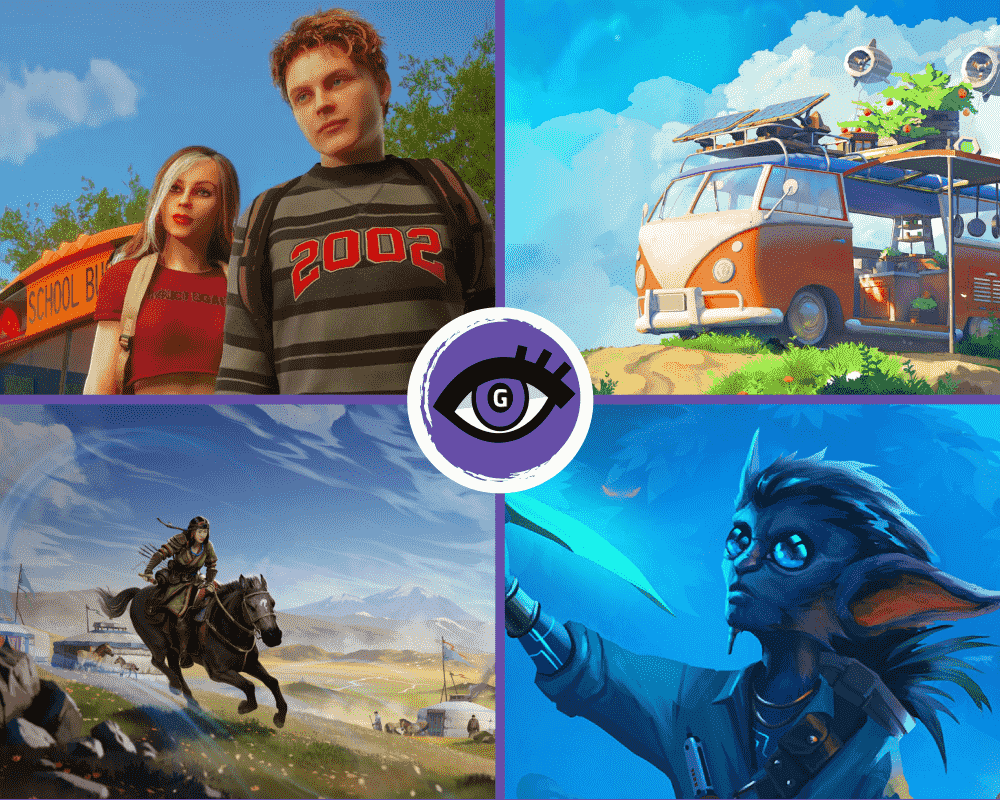 Kolaż składający się z czterech ilustracji o tematyce przygodowej. W lewym górnym rogu widać dwoje nastolatków stojących obok szkolnego autobusu: chłopak w pasiastym swetrze z napisem „2002” i dziewczyna w czerwonym topie. W prawym górnym rogu przedstawiono pomarańczowo-biały, przerobiony van z panelami słonecznymi i roślinami na dachu, stojący na tle nieba z białymi chmurami. W lewym dolnym rogu znajduje się scena z jeźdźcem pędzącym na koniu po otwartym stepie, z obozem i górami w tle. W prawym dolnym rogu widoczna jest postać o zwierzęcych, niebieskawych rysach twarzy i dużych uszach, trzymająca jasne ostrze. W centrum kolażu umieszczono okrągłą ikonę z fioletowym okiem i literą „G” w środku.