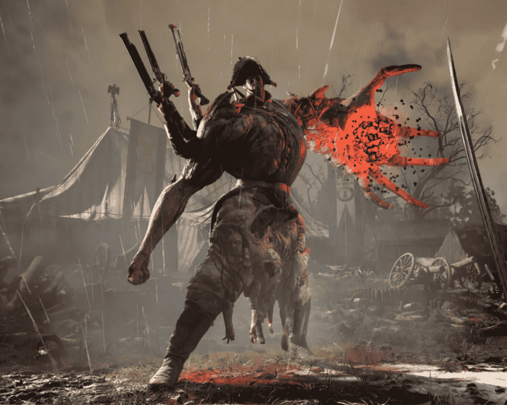 W centrum kadru stoi masywna, humanoidalna postać o zdeformowanej sylwetce, uzbrojona w dwa pistolety. Jej prawa ręka jest przekształcona w duży, czerwony, przypominający mackę twór, z którego rozpryskują się cząstki energii lub krwi. Scena rozgrywa się na deszczowym polu bitwy, w otoczeniu namiotów wojskowych, broni białej i porzuconej armaty. Tło jest mroczne i zamglone, podkreślając brutalny, ponury klimat gry Valor Mortis.