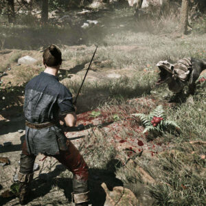 Na obrazku widać scenę walki w leśnym, zarośniętym otoczeniu, utrzymaną w stylistyce gry komputerowej. Główny bohater, stojący tyłem do widza, jest młodym mężczyzną ubranym w poszarpaną, ciemnoniebieską koszulę lub tunikę i brązowo-czerwone spodnie, częściowo ubrudzone krwią. Trzyma w ręku cienki miecz lub szpadę. Jest zwrócony w stronę dziwnego, przypominającego z wyglądu szkielet jaszczurczego potwora z otwartą paszczą, który atakuje go z prawej strony. Pomiędzy nimi, na ziemi pokrytej trawą, znajduje się kałuża i ślady krwi oraz roślina paproci z czerwonymi owocami lub kwiatami. Tło jest mgliste i jasne, sugerując światło słoneczne przebijające się przez drzewa. Scena jest dynamiczna i pełna napięcia.