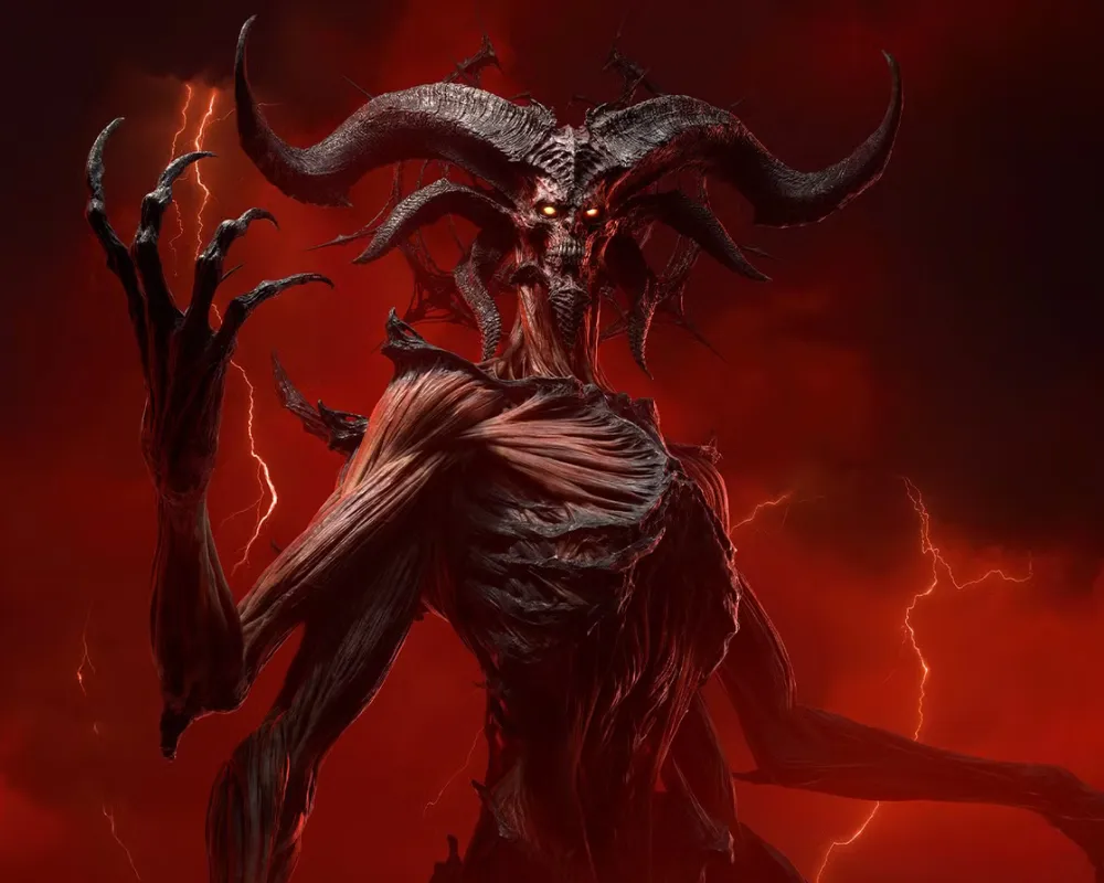 Demoniczna, rogata istota o świecących czerwonych oczach, ukazana na tle burzowego, krwistoczerwonego nieba z błyskawicami; postać ma wychudzone ciało i uniesioną, szponiastą dłoń.