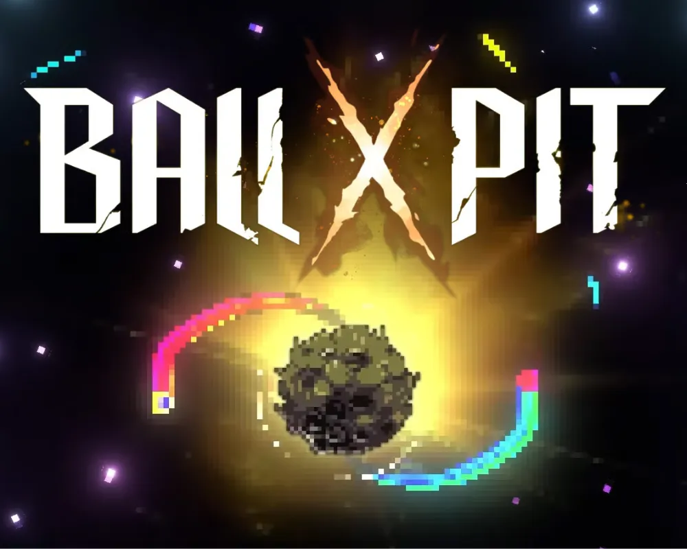 Pixel-artowa grafika z tytułem BALL X PIT na jasnym, rozbłyskającym tle; pośrodku znajduje się ciemna, teksturowana kula, wokół której krążą dwie kolorowe, świetliste smugi przypominające węże neonowe.