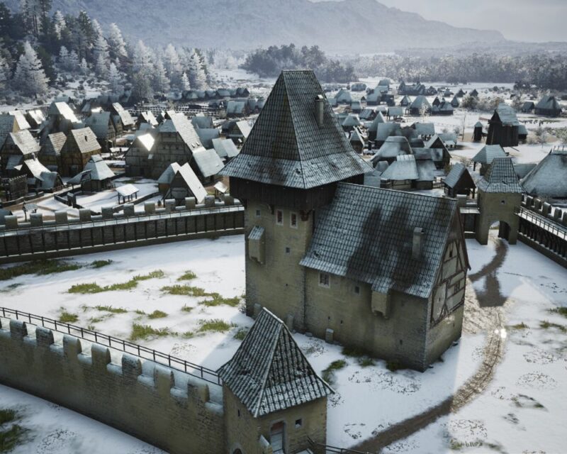 Średniowieczna osada otoczona murami obronnymi zimą. Na pierwszym planie kamienna twierdza z wieżami i drewnianymi zabudowaniami wewnątrz murów, w tle rozległa wioska przykryta śniegiem oraz zalesione wzgórza.