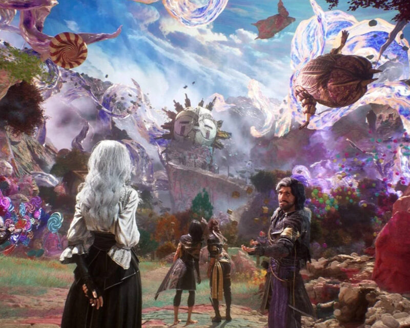 Obraz przedstawia fantastyczną, surrealistyczną krainę wypełnioną jaskrawymi kolorami i lewitującymi obiektami, w której na pierwszym planie widzimy grupę postaci obserwujących niezwykłe zjawiska. Centralnym punktem krajobrazu jest unosząca się nad urwiskiem kamienna struktura przypominająca słońce z wykutą twarzą, otoczona promienistymi wypustkami. Niebo nad doliną jest dynamiczne, pełne wirujących, półprzezroczystych wstęg energii oraz latających przedmiotów, takich jak ogromne lizaki w biało-czerwone pasy czy kokony owinięte świecącą tkaniną. Postacie — kobieta o długich, srebrzystobiałych włosach odwrócona tyłem do widza oraz brodaty mężczyzna w ciemnym stroju z wyciągniętą dłonią — zdają się prowadzić dwie mniejsze osoby w głąb tego onirycznego świata. Całość kompozycji charakteryzuje się dużym nasyceniem barw, od fioletów i różów po intensywne błękity, co nadaje scenie magiczny, wręcz psychodeliczny charakter typowy dla gier fantasy.