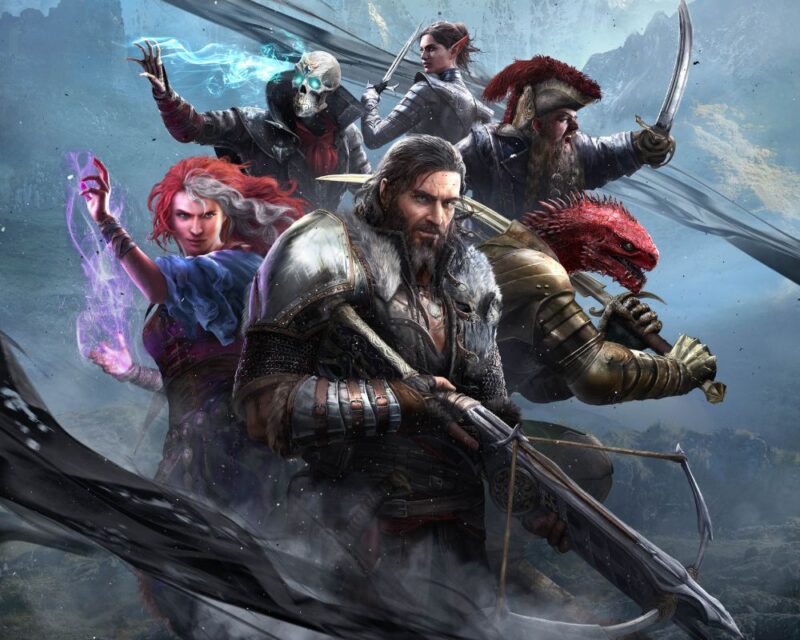 Grupa sześciu fantastycznych bohaterów w gotowości do walki, w tym magini z fioletową energią, wojownik z kuszą, elfia łuczniczka, szkieletowy czarodziej, brodaty pirat z szablą oraz humanoidalny jaszczur w zbroi. W tle górski krajobraz spowity mgłą, a kompozycja podkreśla różnorodność postaci i ton epickiej przygody fantasy.