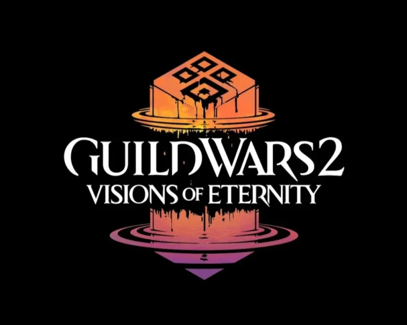 Logo Guild Wars 2 Visions of Eternity z geometrycznym symbolem w odcieniach pomarańczu i fioletu