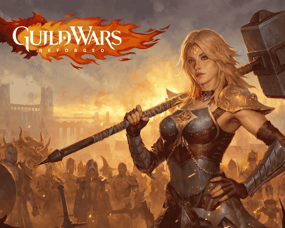 Guild Wars Reforged – ilustracja przedstawiająca wojowniczkę w zbroi z ogromnym młotem, stojącą przed armią w płonącym, fantasy świecie