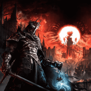 Grafika z gry "Lords of the Fallen 2". Zbrojny wojownik w ciemnym, kolczastym pancerzu stoi na pierwszym planie z mieczem w dłoni. Za nim widać ogarnięte czerwonym światłem miasto i ogromną, demoniczną postać wynurzającą się z blasku na horyzoncie. Cała scena ma mroczny, fantasy-gotycki charakter.