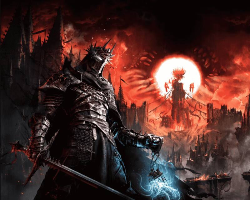 Grafika z gry "Lords of the Fallen 2". Zbrojny wojownik w ciemnym, kolczastym pancerzu stoi na pierwszym planie z mieczem w dłoni. Za nim widać ogarnięte czerwonym światłem miasto i ogromną, demoniczną postać wynurzającą się z blasku na horyzoncie. Cała scena ma mroczny, fantasy-gotycki charakter.