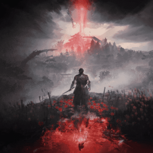 Grafika z gry "Nioh 3". Postać z mieczem stoi tyłem na zarośniętej ścieżce prowadzącej przez mglisty krajobraz. Przed nią, nad odległym wzgórzem, unosi się intensywny czerwony słup energii, rozświetlający okolicę. Wokół dominują ciemne drzewa, mgła i czerwone refleksy na ziemi.