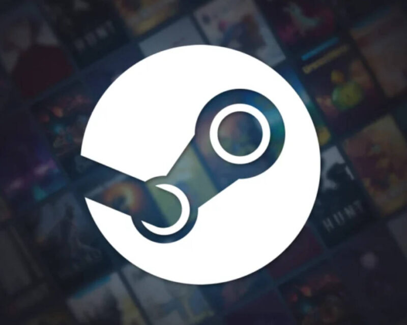 Na obrazku znajduje się białe logo platformy Steam. W tle widać okładki losowo wybranych gier komputerowych, ale pełni to jedynie rolę tła.