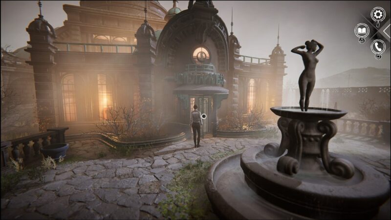 Pośrodku stoi luksusowy, dawny budynek, w oknach widać ciepłe światło bijące ze środka. Po prawej stronie stoi fintanna z wyrzeźbioną na niej kobietą. Do budynku wchodzi kobieta