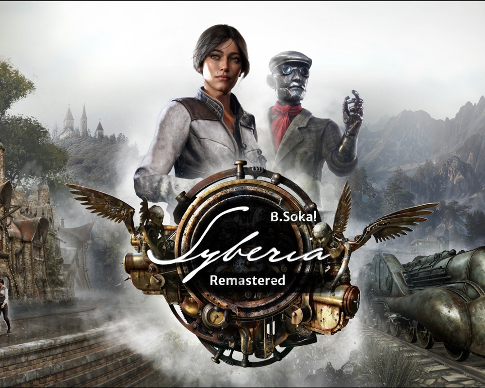 Logo gry syveria remastered przedstawiające dwie postacie - kobiety i mechanicznego mężczyzny. Po prawej stronie widać mechaniczny pociąg, w tle malownicze góry