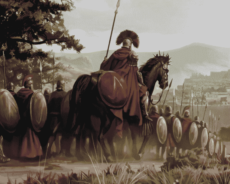 Grupa uzbrojonych wojowników w hełmach i czerwonych płaszczach maszeruje w zwartym szyku. Na pierwszym planie widać dowódcę na koniu, trzymającego włócznię i noszącego pióropusz na hełmie. Żołnierze mają okrągłe tarcze, a w tle widoczna jest zabudowa osady oraz górzysty krajobraz. Scena utrzymana jest w stylistyce antycznych bitew. Grafika z gry Titan Quest 2.