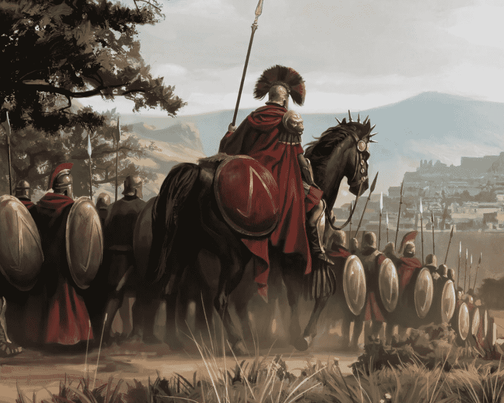 Grupa uzbrojonych wojowników w hełmach i czerwonych płaszczach maszeruje w zwartym szyku. Na pierwszym planie widać dowódcę na koniu, trzymającego włócznię i noszącego pióropusz na hełmie. Żołnierze mają okrągłe tarcze, a w tle widoczna jest zabudowa osady oraz górzysty krajobraz. Scena utrzymana jest w stylistyce antycznych bitew. Grafika z gry Titan Quest 2.