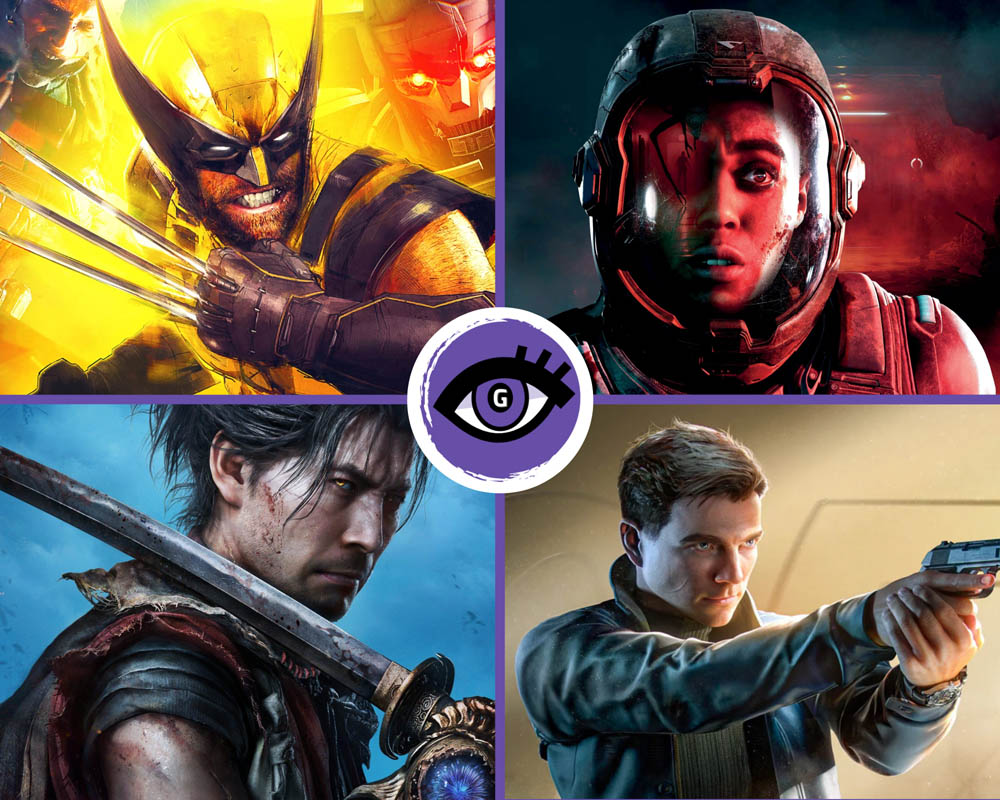 Grafika przedstawia postaci z gier wymienionych w zestawieniu - Marvel's Wolverine, Onimusha Way of the sword, 007 First Light, Directive 8020