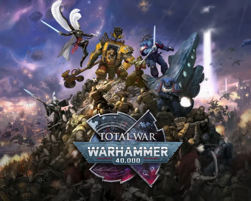 Ilustracja Total War: Warhammer 40,000 przedstawiająca epicką bitwę różnych frakcji uniwersum Warhammer 40K, w tym Space Marines, orków i wojowników z bronią futurystyczną na polu walki.