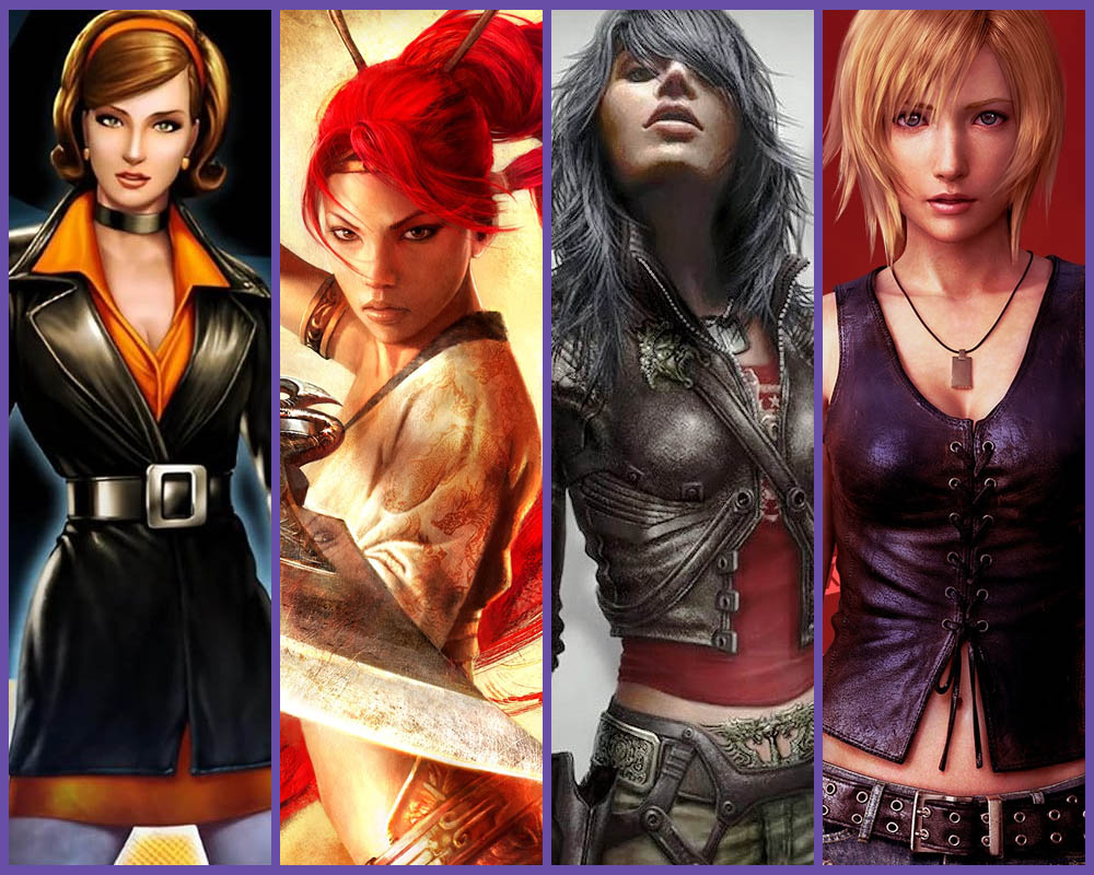 Grafika przedstawia cztery postaci kobiece z gier wymienionych w artykule. Od lewej - Cate Archer, Nariko, Rubi Malone, Aya Brea