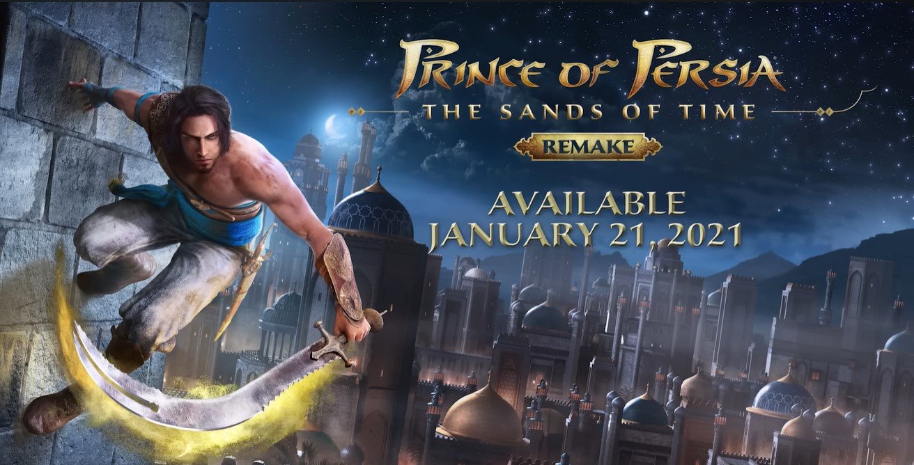 Grafika promocyjna gry Prince of Persia: Piaski Czasu Remake, pokazująca bohatera w akrobatycznym skoku po murze z zakrzywionym mieczem na tle nocnego miasta – projekt Ubisoftu, który został anulowany.