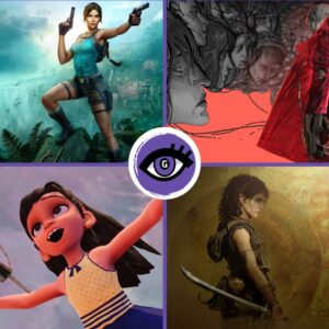 Rysunek przedstawia cztery postacie kobiece: od lewej z góry jest to Lara Croft w klasycznym wydaniu, w niebieskim topie i szortach, obok niej ubrana w czerwony płaszcz bohaterka Zero Parade, pod nią Sophia o greckiej urodzie i na koniec dziewczynka z gry Harmonium.