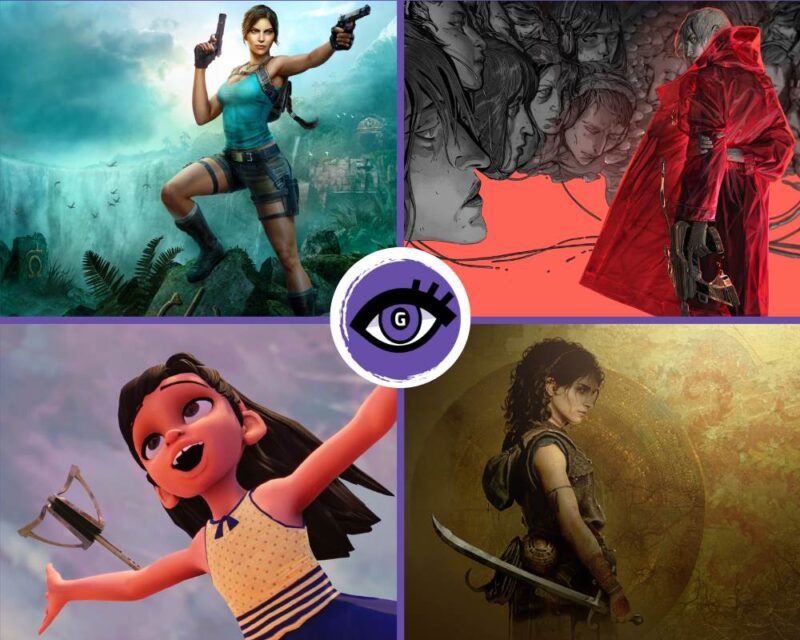 Rysunek przedstawia cztery postacie kobiece: od lewej z góry jest to Lara Croft w klasycznym wydaniu, w niebieskim topie i szortach, obok niej ubrana w czerwony płaszcz bohaterka Zero Parade, pod nią Sophia o greckiej urodzie i na koniec dziewczynka z gry Harmonium.