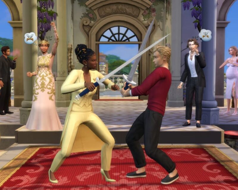 Scena z gry The Sims 4 przedstawiająca pojedynek na miecze pomiędzy dwojgiem Simów podczas eleganckiej uroczystości – w tle inni goście reagują zaskoczeniem i emocjami, a akcja rozgrywa się w bogato zdobionym wnętrzu pałacu.