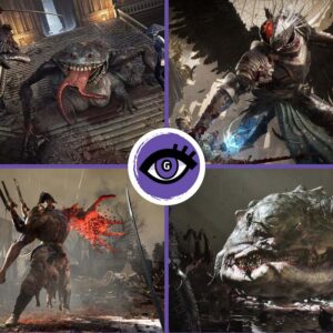 Czteroczęściowy kolaż przedstawiający mroczne sceny z gry fantasy. W lewym górnym rogu rycerz atakuje mieczem groteskowego, żabopodobnego potwora z wielką paszczą i długim językiem na kamiennych schodach katedry. W prawym górnym rogu skrzydlata, opancerzona postać z czarnymi piórami i świecącą na czerwono twarzą włada niebieską, elektryczną energią. W lewym dolnym rogu ogromny, umięśniony potwór w napoleońskiej czapce na deszczowym polu bitwy uderza gigantyczną ręką emanującą czerwoną, ognistą energią. W prawym dolnym rogu znajduje się obrzmiałe, trupie stworzenie o zszytej skórze i ostrych zębach, stojące w płytkiej wodzie. Na środku kolażu widoczne jest fioletowe logo w kształcie oka.