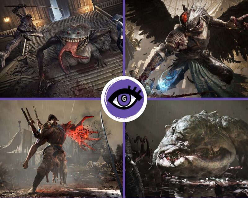Czteroczęściowy kolaż przedstawiający mroczne sceny z gry fantasy. W lewym górnym rogu rycerz atakuje mieczem groteskowego, żabopodobnego potwora z wielką paszczą i długim językiem na kamiennych schodach katedry. W prawym górnym rogu skrzydlata, opancerzona postać z czarnymi piórami i świecącą na czerwono twarzą włada niebieską, elektryczną energią. W lewym dolnym rogu ogromny, umięśniony potwór w napoleońskiej czapce na deszczowym polu bitwy uderza gigantyczną ręką emanującą czerwoną, ognistą energią. W prawym dolnym rogu znajduje się obrzmiałe, trupie stworzenie o zszytej skórze i ostrych zębach, stojące w płytkiej wodzie. Na środku kolażu widoczne jest fioletowe logo w kształcie oka.