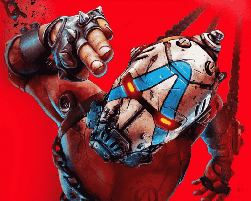 Na pierwszym planie widoczna jest masywna postać w futurystycznym pancerzu, pochylona do przodu i wyciągająca rękę w kierunku widza. Ma metaliczny hełm z niebieskim pasem na wizjerze oraz świecącymi, pomarańczowymi elementami w okolicach oczu. Zbroja jest porysowana i nosi ślady zużycia, a na rękach widać grube, mechaniczne rękawice. Tło jest jednolite, intensywnie czerwone, bez dodatkowych elementów otoczenia. Grafika z gry Borderlands 4.