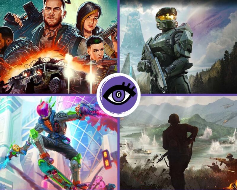 Obraz przedstawia cztery pola, na których widoczne są grafiki z kilku gier - Halo: Campaing Evolved High on life 2, John CArpenter's Toxic Commando oraz Hell Let Loos: Vietnam