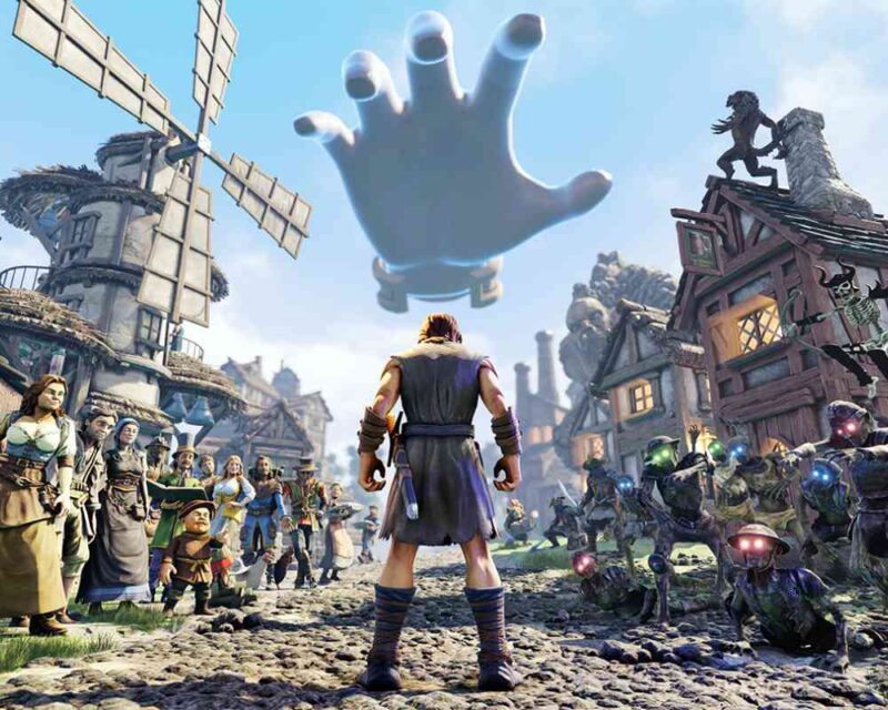 Fantastyczna scena przedstawiająca bohatera stojącego na środku brukowanej ulicy w miasteczku, zwróconego plecami do obserwatora. Nad jego głową unosi się ogromna, jasna dłoń. Po obu stronach ulicy widoczne są grupy postaci: mieszkańcy miasteczka oraz uzbrojeni przeciwnicy z mechanicznymi elementami. W tle znajdują się budynki o bajkowej architekturze oraz wiatrak. Grafika z gry Masters of Albion.